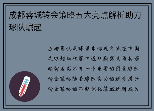 成都蓉城转会策略五大亮点解析助力球队崛起