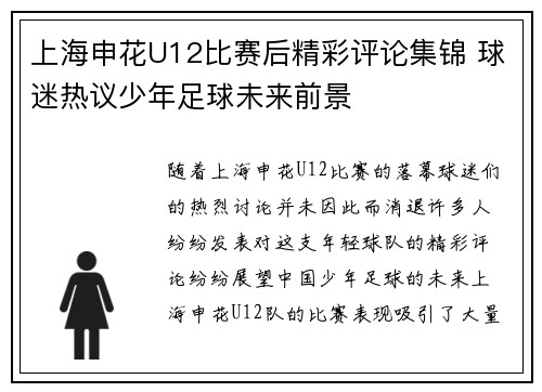 上海申花U12比赛后精彩评论集锦 球迷热议少年足球未来前景